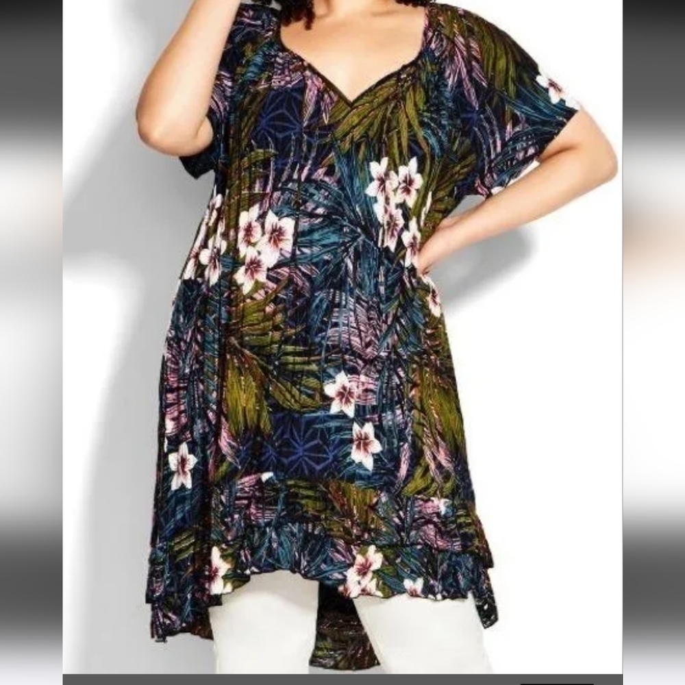 Loralette Women's Plus Midi Dress Short Sleeves Crinkled Tropical Print Multicor